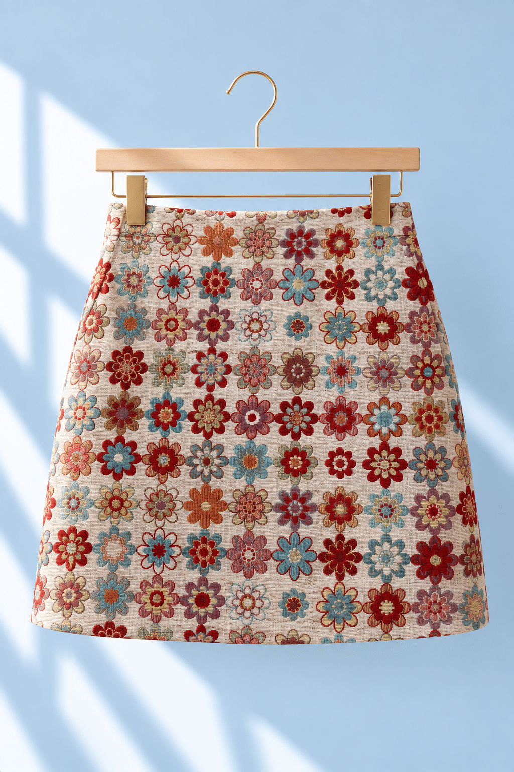 Falda floral tejida en percha de madera